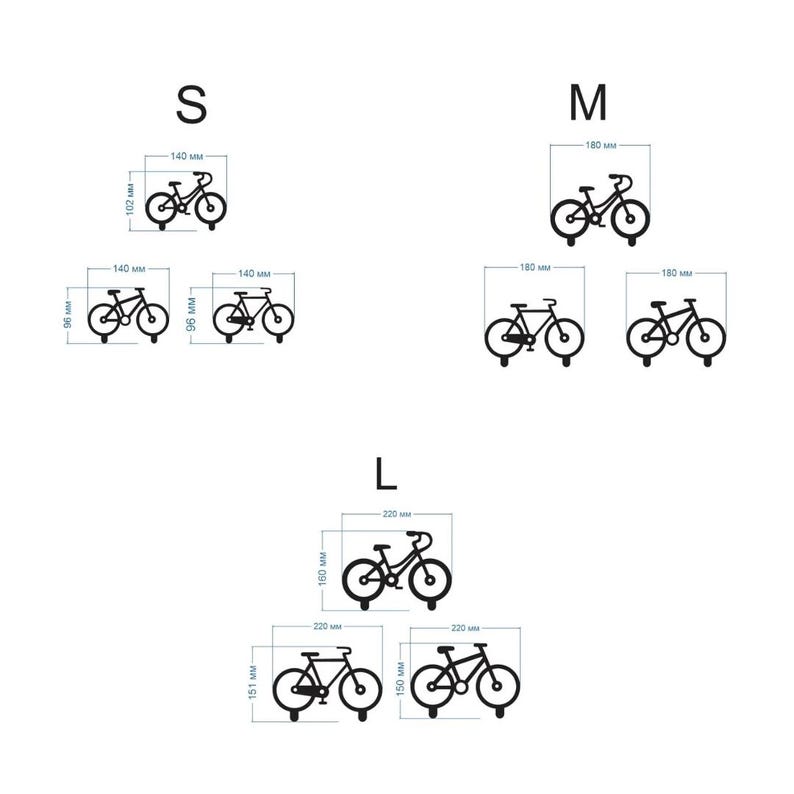 Op de afbeelding: Diagram van fietsmuurbevestigingen in drie maten: S, M en L. Elke maat toont de afmetingen in millimeters en bevat een afbeelding van een fiets. De S-maat heeft afmetingen van 140 mm x 102 mm, 140 mm x 96 mm en 140 mm x 96 mm.