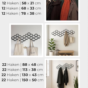 May include: A black metal wall-mounted coat rack with a honeycomb design. The image shows various sizes, including a 22-hook rack that is 59 inches wide and 19 inches high. The rack is displayed with coats and bags.