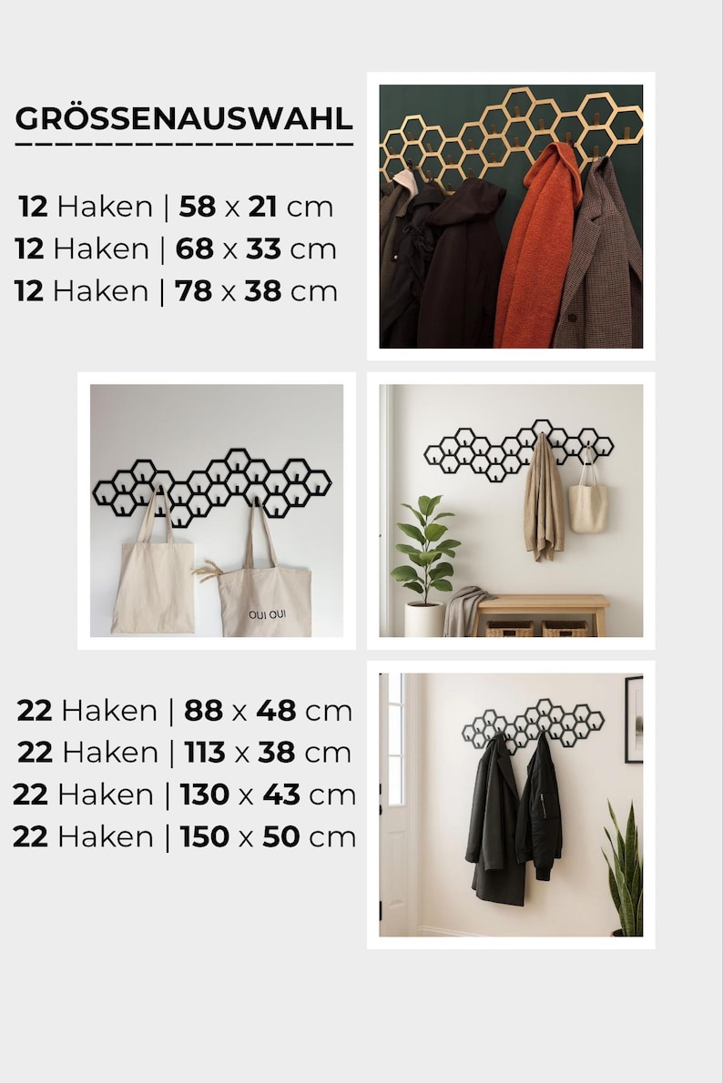 May include: A black metal wall-mounted coat rack with a honeycomb design. The image shows various sizes, including a 22-hook rack that is 59 inches wide and 19 inches high. The rack is displayed with coats and bags.