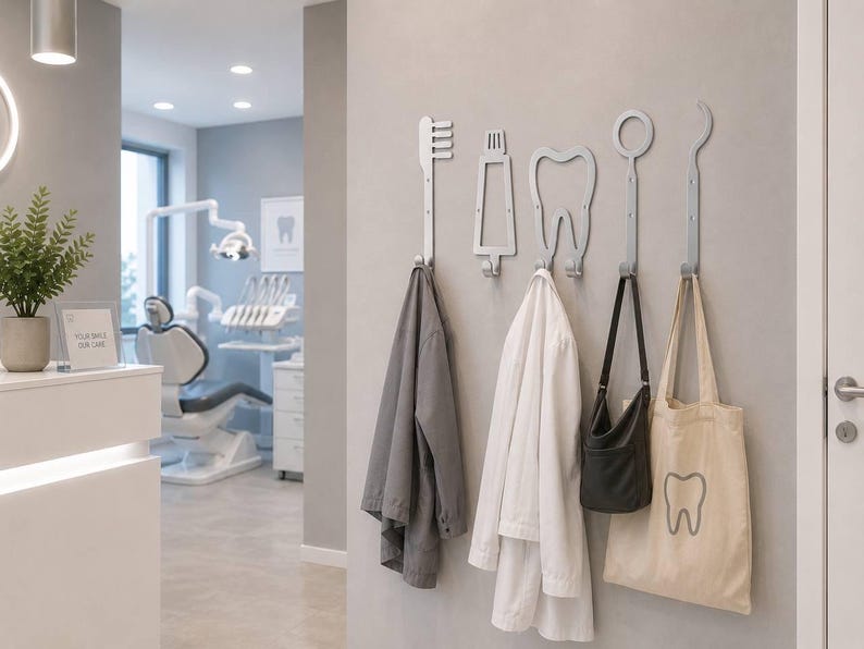 Peut inclure: Un ensemble de cinq pat&egrave;res murales argent&eacute;es en forme d'outils dentaires, incluant une brosse &agrave; dents, un tube de dentifrice, une dent, un miroir dentaire et une sonde. Chaque crochet est fix&eacute; au mur et supporte des manteaux et des sacs.