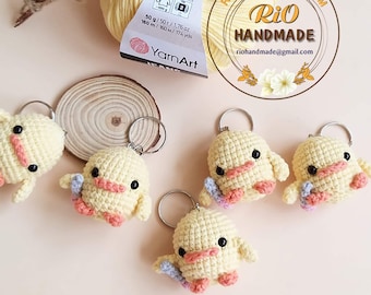 Ready To Ship, Rio Handmade duck with knife meme crochet keychain, car rear view mirror hanging, ducky meme, duck with frog hat, cute gift,