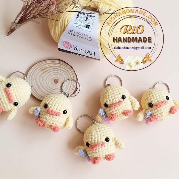 Ready To Ship, Rio Handmade duck with knife meme crochet keychain, car rear view mirror hanging, ducky meme, duck with frog hat, cute gift,