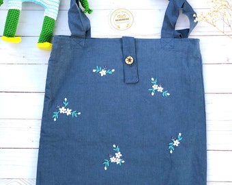 Handmade Linen Embroidery Floral Tote Bag Wild Flowers