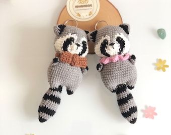 Handmade raccoon crochet, amigurumi stuffed, soft toy for baby, kid, gift, car hanging accessory