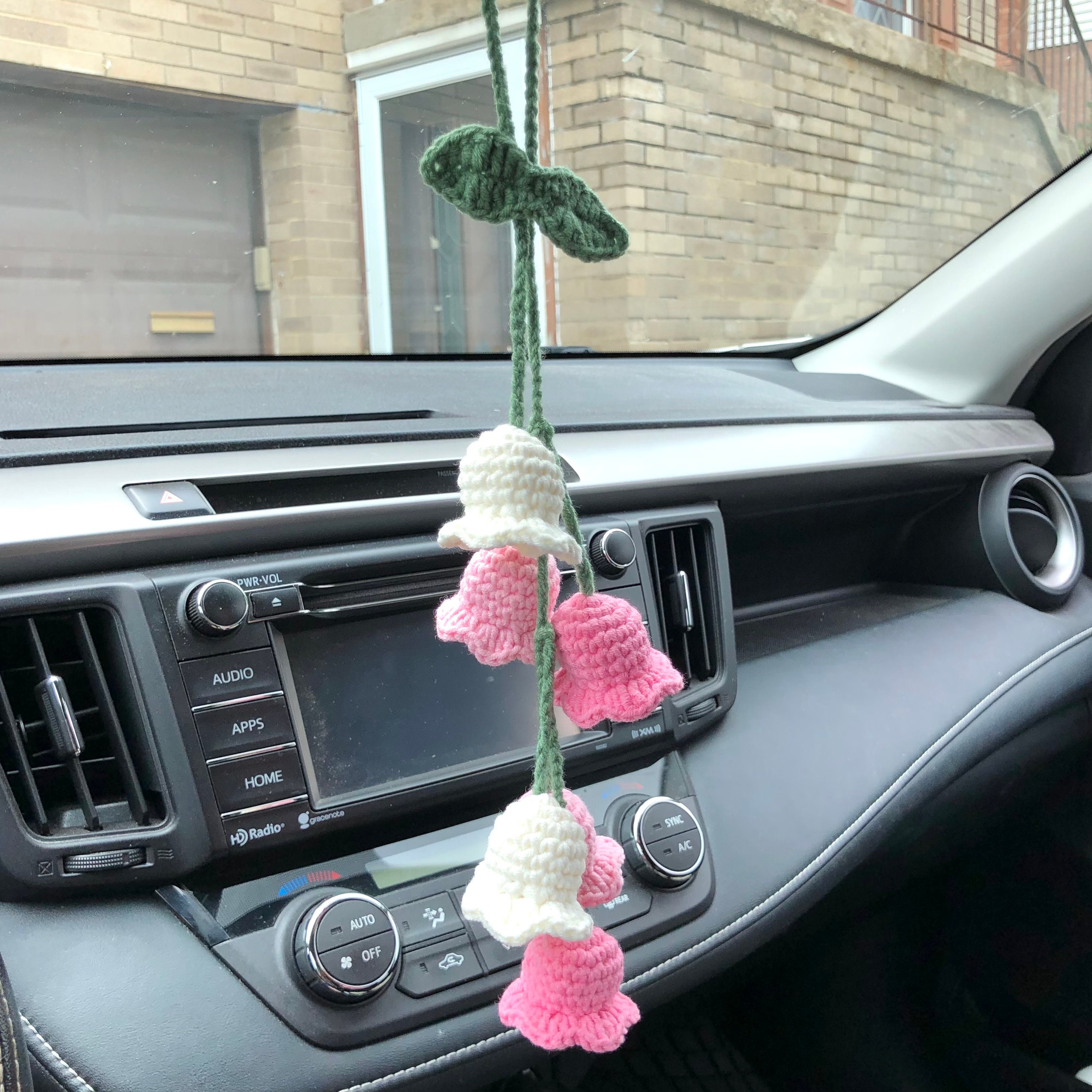 Cute Car Decoration,Car Mirror Hanging Accessories,Boho Car Accessories for  Women,Bellflower Hand Knitted Car Pendant，Car Charm，Suitable for