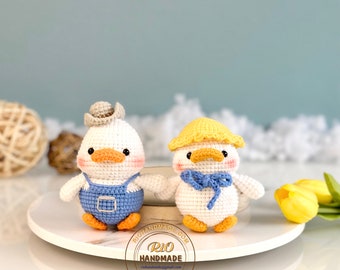 Handmade Duck Crochet, Amigurumi Farmer Duck, Toy For Kid, Cute Gift, Car Hanging Accessory