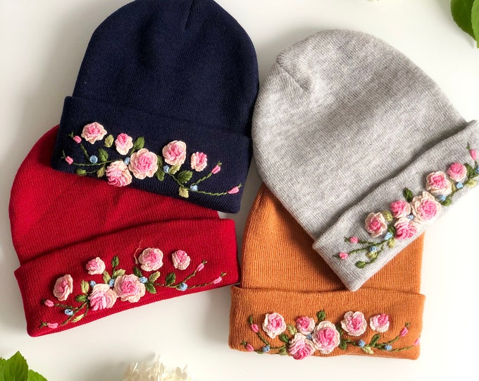 Winter Floral Beanie Embroidered Beanie Boho Beanie Winter Hat Mushroom Hat Embroidered