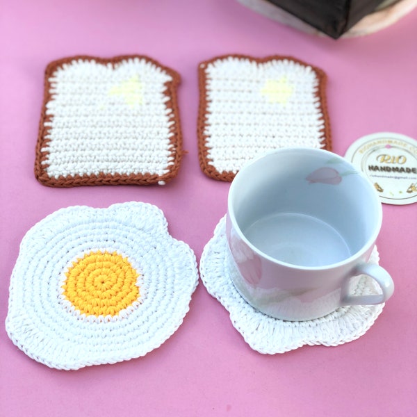 Handmade Crochet Amigurumi Coaster, Fried Eggs and Toast Coaster Set, Crochet Coaster, Housewarming Gift, Home Decor