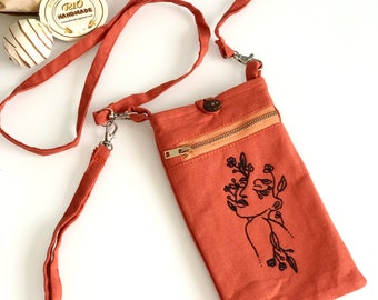 Hand Embroidered Linen Crossbody Phone Pouch, Linen Iphone Pouch, Cell phone crossbody purse