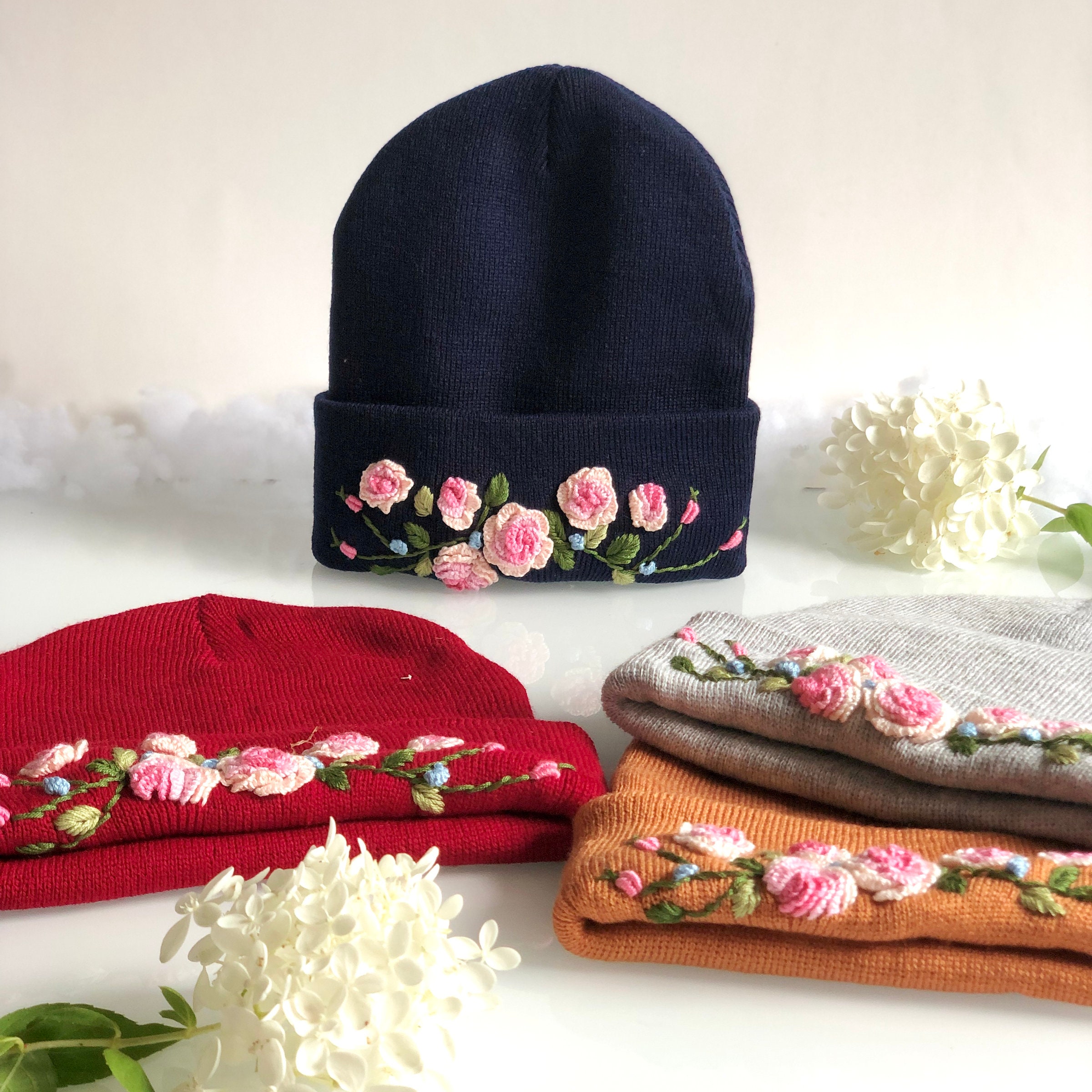 Hand Embroidered Beanie Winter Hat Rose Flower Hat Handmade - Etsy