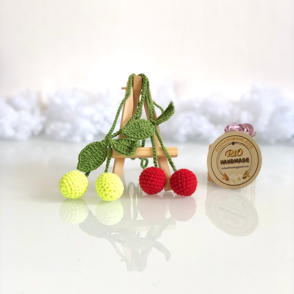 Handmade car rearview mirror charm, crochet cherries, amigurumi cherry, plushie toy, gift, car hanging accessory