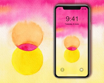 Geelroze Esthetisch behang, telefoonbehang digitale download, zonsondergang, iPhone, Android-achtergrond, vergrendelscherm startscherm aquarel behang