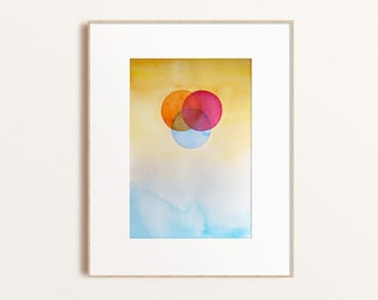 Original Watercolor Painting, Abstract Minimalist Modern Contemporary Art, Wall Art, Sunset Ocean, Circles, Orange Pink Blue, Meditation