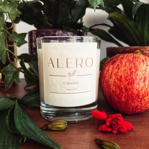 Puede incluir: Un portavelas de cristal transparente con una vela blanca. La etiqueta dice "ALERO" con "Colombia" y "Made in UK" debajo. Una fruta roja y naranja y vegetación están en el fondo.