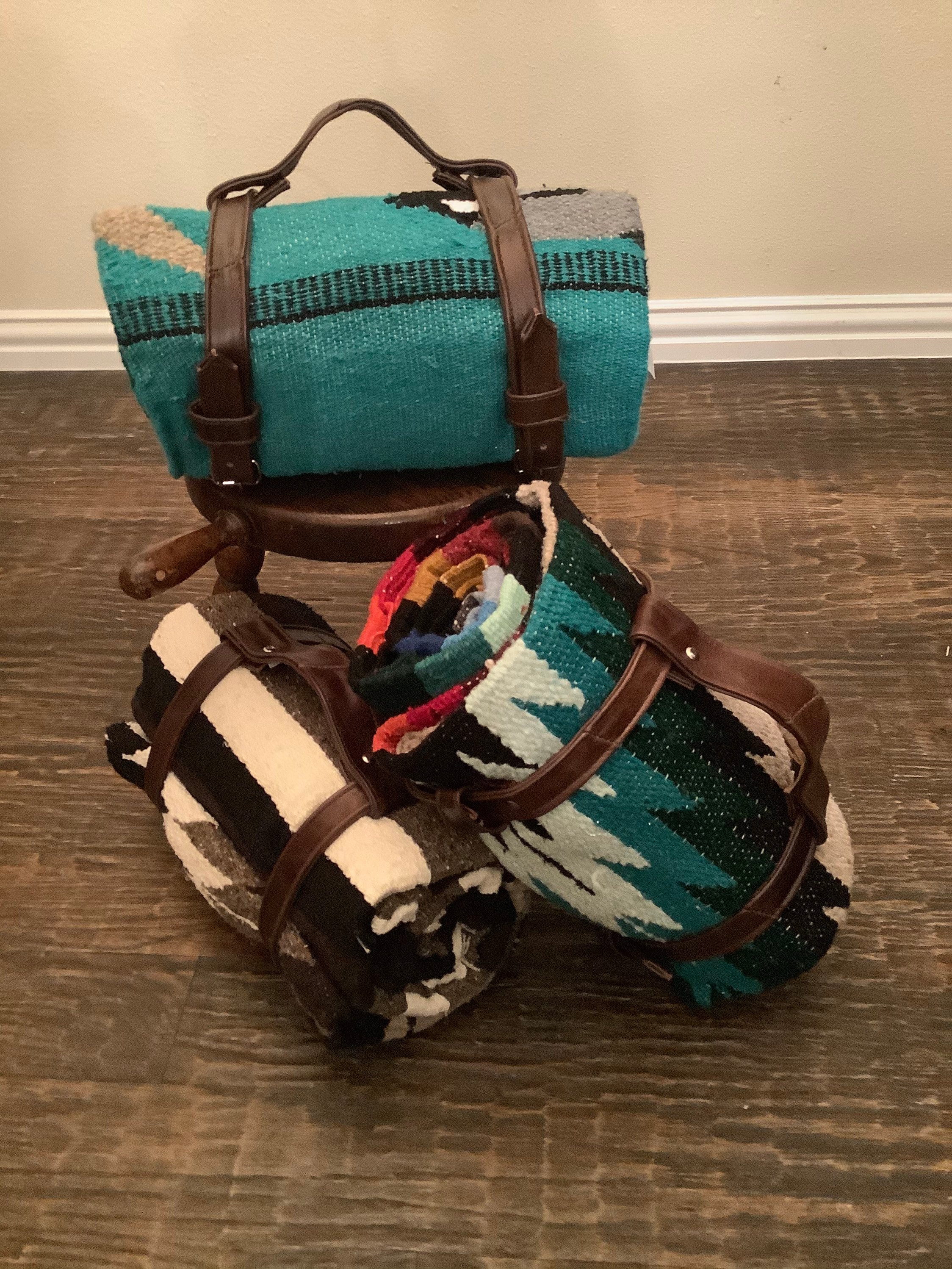Mexican Blanket Roll Leather Blanket Straps Picnic & Beach Blanket
