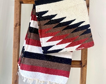 White and Rust Mexican Blanket: Boho Throw, Beach Blanket