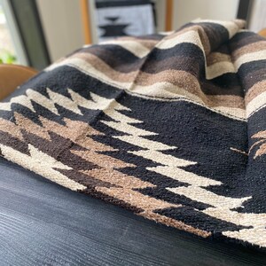 May include: A folded woven blanket with a geometric pattern. The blanket features alternating stripes of black, brown, and beige. The bottom edge has a zigzag design in black and beige. The blanket is draped over a dark surface.