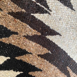 May include: Close-up of a woven textile with a geometric pattern. The design features alternating bands of black, brown, tan, and off-white, creating a zig-zag effect. The texture appears coarse and handmade, with visible stitching.