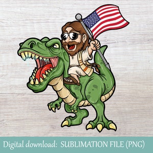 Jesus Riding a T-rex with USA Flag | Sublimation File | Clipart | Cartoon Comic PNG