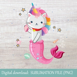 Cat Mermaid Unicorn PNG | Unicorn PNG | Sublimation File | Mermaid png | Heat Press File | Girl&#39;s Cat PNG |