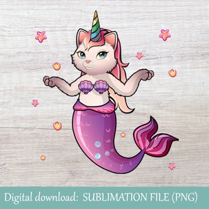 Furry Cat Mermaid Unicorn PNG | Unicorn PNG | Sublimation File | Mermaid png | Heat Press File | Girl&#39;s Cat PNG |