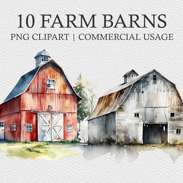 10 Farm Barns Watercolor Clipart Files, Farm clipart, Barns Bundle PNG, Farm Barn Clipart Pack, Sublimation File