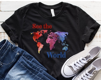 See the World T-Shirt, World Map Shirt, Colorful Map Shirt, Travel Shirt, Geography T-shirt, Map Shirt, Adventure T-shirt, Explore the world