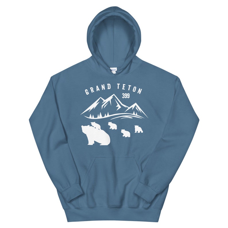 May include: A blue hooded sweatshirt with a white graphic design of mountains and bears. The text "GRAND TETON 399" is printed on the sweatshirt.