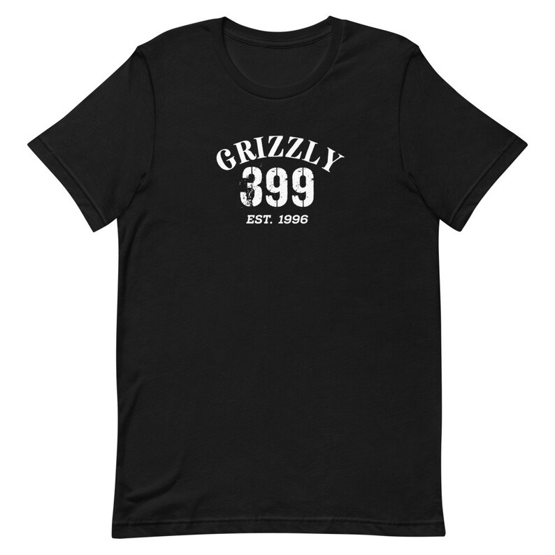 May include: Black t-shirt with a white graphic print that says "Grizzly 399 Est. 1996"