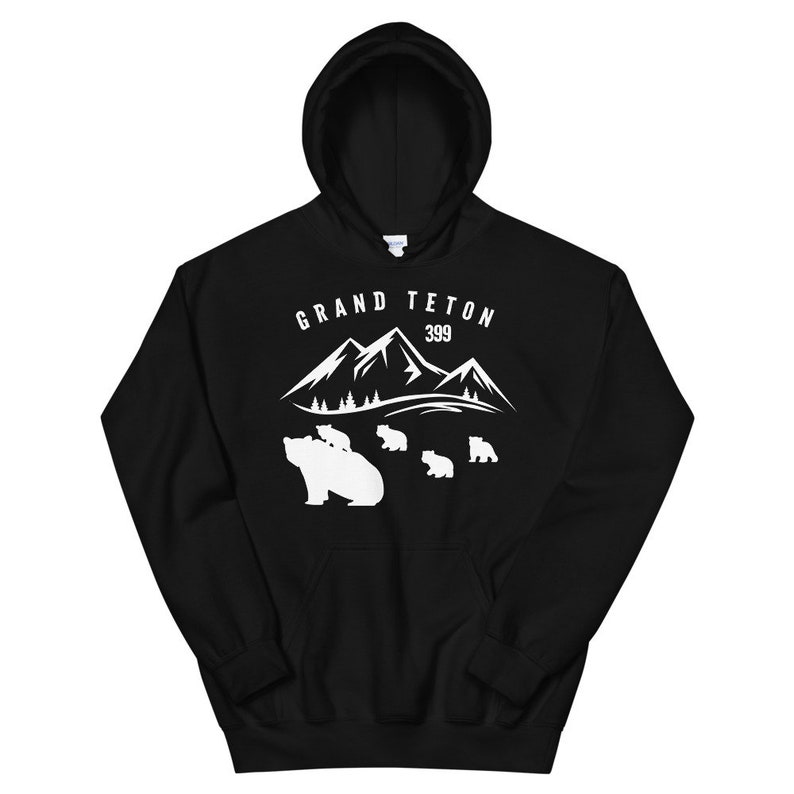 May include: Black hooded sweatshirt with a white graphic of a mountain range and a mother bear with cubs. The text "GRAND TETON 399" is above the graphic.