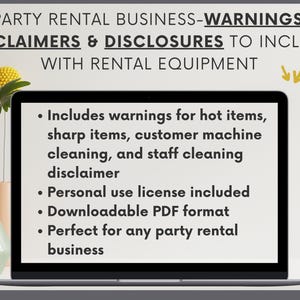 Könnte beinhalten: Ein Laptop zeigt Text zu Warnungen, Haftungsausschlüssen und Offenlegungen für Partyvermietungsunternehmen. Der Bildschirm listet Warnungen für heiße und scharfe Gegenstände, Kunden- und Mitarbeiterreinigung, eine persönliche Nutzungslizenz und ein PDF-Format zum Herunterladen auf.