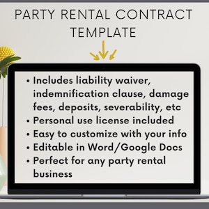 May include: A laptop displays a party rental contract template. The screen shows bullet points including liability waivers, customization options, and compatibility with Word and Google Docs. The text "PARTY RENTAL CONTRACT TEMPLATE" is at the top.