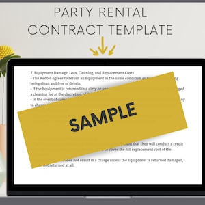 May include: A laptop displays a party rental contract template. The text "PARTY RENTAL CONTRACT TEMPLATE" is at the top. A yellow banner with the word "SAMPLE" is across the screen. The screen shows contract details.