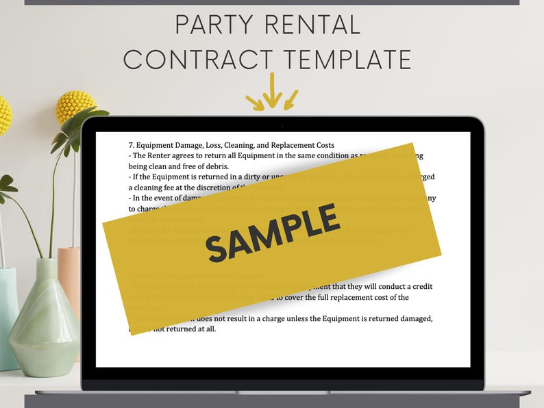 May include: A laptop displays a party rental contract template. The text "PARTY RENTAL CONTRACT TEMPLATE" is at the top. A yellow banner with the word "SAMPLE" is across the screen. The screen shows contract details.