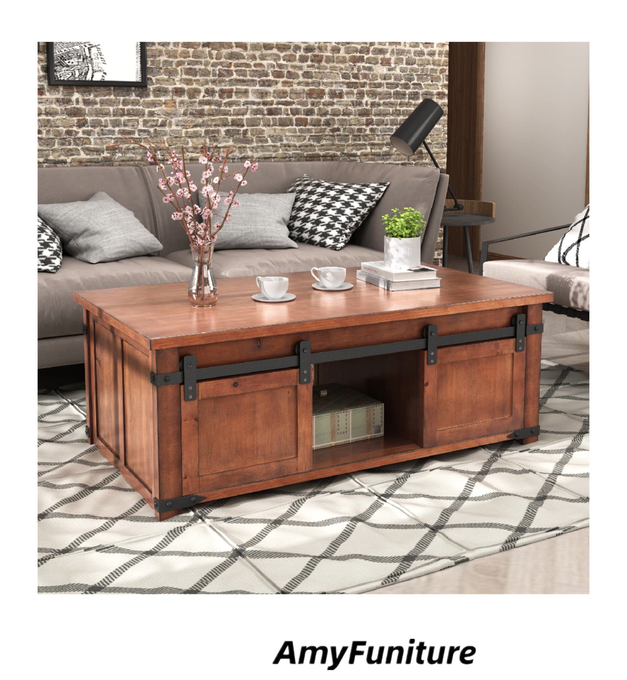 Sliding Doors Coffee Table With Storage Metal Frame Living Etsy