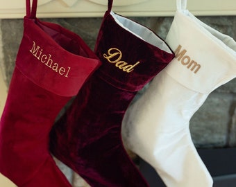 Personalized Traditional Christmas Stocking/ Custom Embroidered Christmas Stockings/Personalized Maroon, Red and Ivory Velvet Stockings