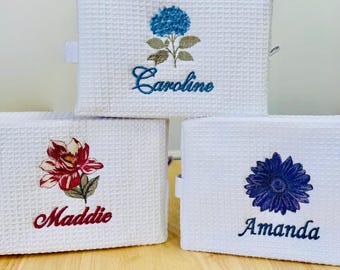 Custom Embroidered Floral Makeup Bag, Personalized Toiletry Organizer, Bridesmaid Gift