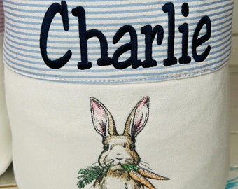 Embroidered Easter Bunny Canvas Basket, Personalized Seersucker Liner