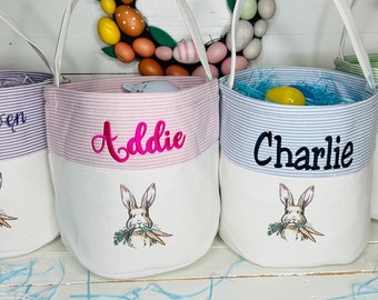 Embroidered Easter Basket, Personalized Seersucker Canvas Bucket