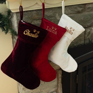 Personalized Pet and Family Christmas Stocking/ Custom Embroidered Christmas Stockings/Personalized Maroon, Red and Ivory Velvet Stockings