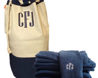 Heavy Duty Monogrammed Canvas Laundry Bag and Towels/ Personalized Hamper / High School Graduation Gift / Personalized Storage