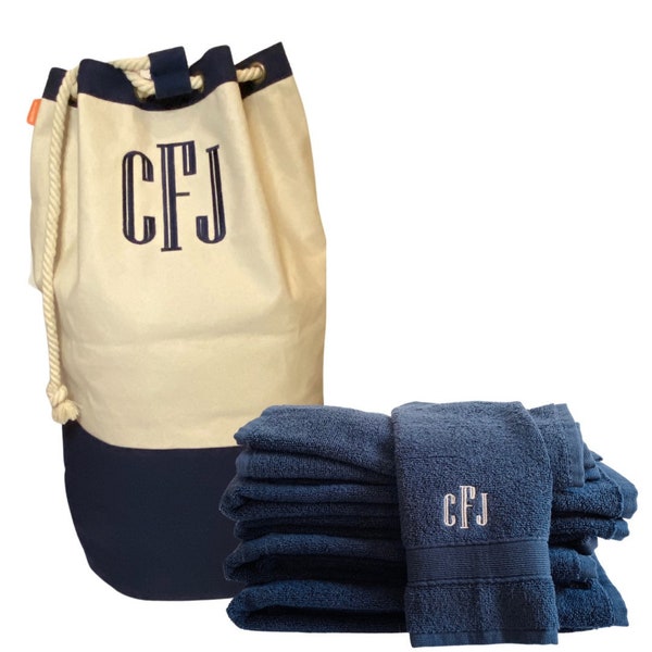 Heavy Duty Monogrammed Canvas Laundry Bag and Towels/ Personalized Hamper / High School Graduation Gift / Personalized Storage