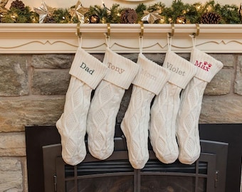 Personalized Knit Christmas Stocking/ Custom Embroidered Knit Christmas Stockings/Personalized Green, Red and Ivory Knit Stockings