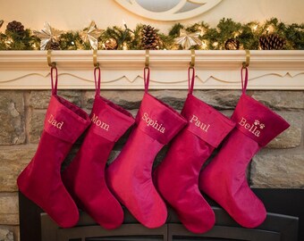 Personalized Christmas Stocking/ Custom Embroidered Christmas Stockings/Personalized Maroon, Red and Ivory Velvet Stockings