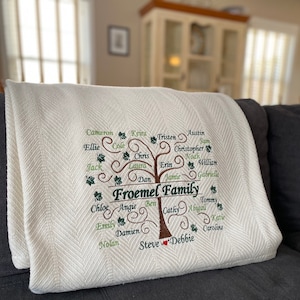 May include: Cream-colored herringbone-patterned blanket with an embroidered family tree design. The tree features names like Cameron, Keira, and Chris, with "Froemel Family" at the base. A cozy, personalized home decor item.