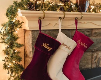 Personalized Christmas Stocking/ Custom Embroidered Christmas Stockings/Personalized Maroon, Red and Ivory Velvet Stockings