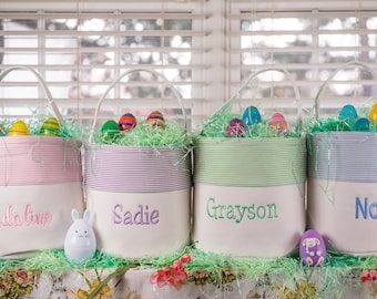 Embroidered Canvas Seersucker Easter Baskets / Personalized Basket for Easter / Boy Girl Easter Blue, Pink, Purple, Green Basket