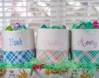Personalized Embroidered Canvas Easter Basket, Plaid Tartan Bucket
