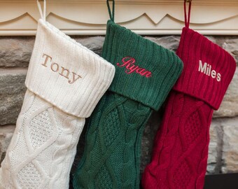 Personalized Knit Christmas Stocking/ Custom Embroidered Knit Christmas Stockings/Personalized Green, Red and Ivory Knit Stockings
