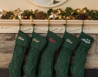 Personalized Knit Christmas Stocking/ Custom Embroidered Knit Christmas Stockings/Personalized Green, Red and Ivory Knit Stockings